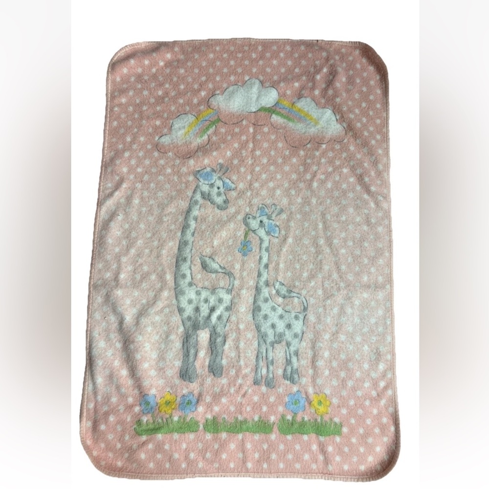Santonja Baby Blanket Giraffes Rainbow Pink Virgin Acrylic VTG Made In Spain
